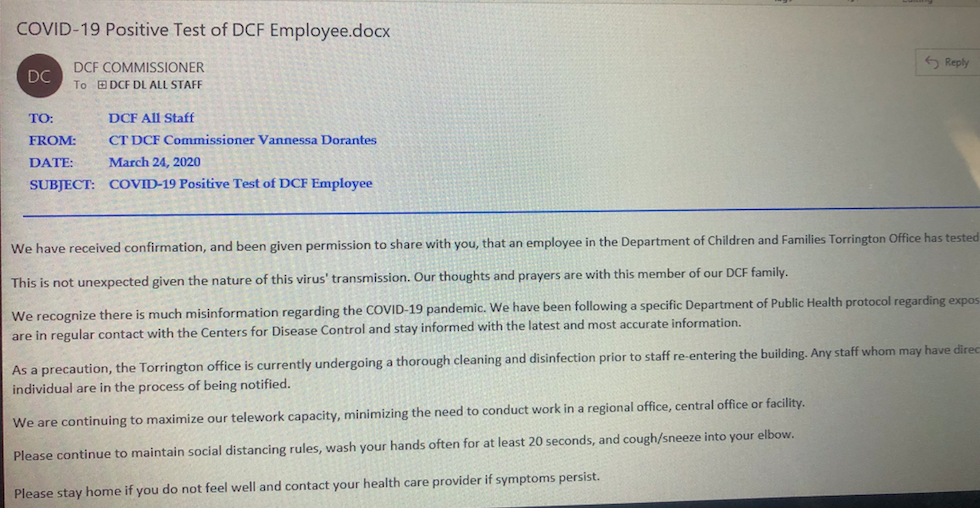 DCF Worker tests positive for COVID-19, according to alert from commissioner