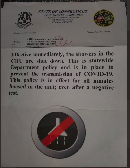 Showers “Off Limits” for prisoners housed in COVID quarantine units